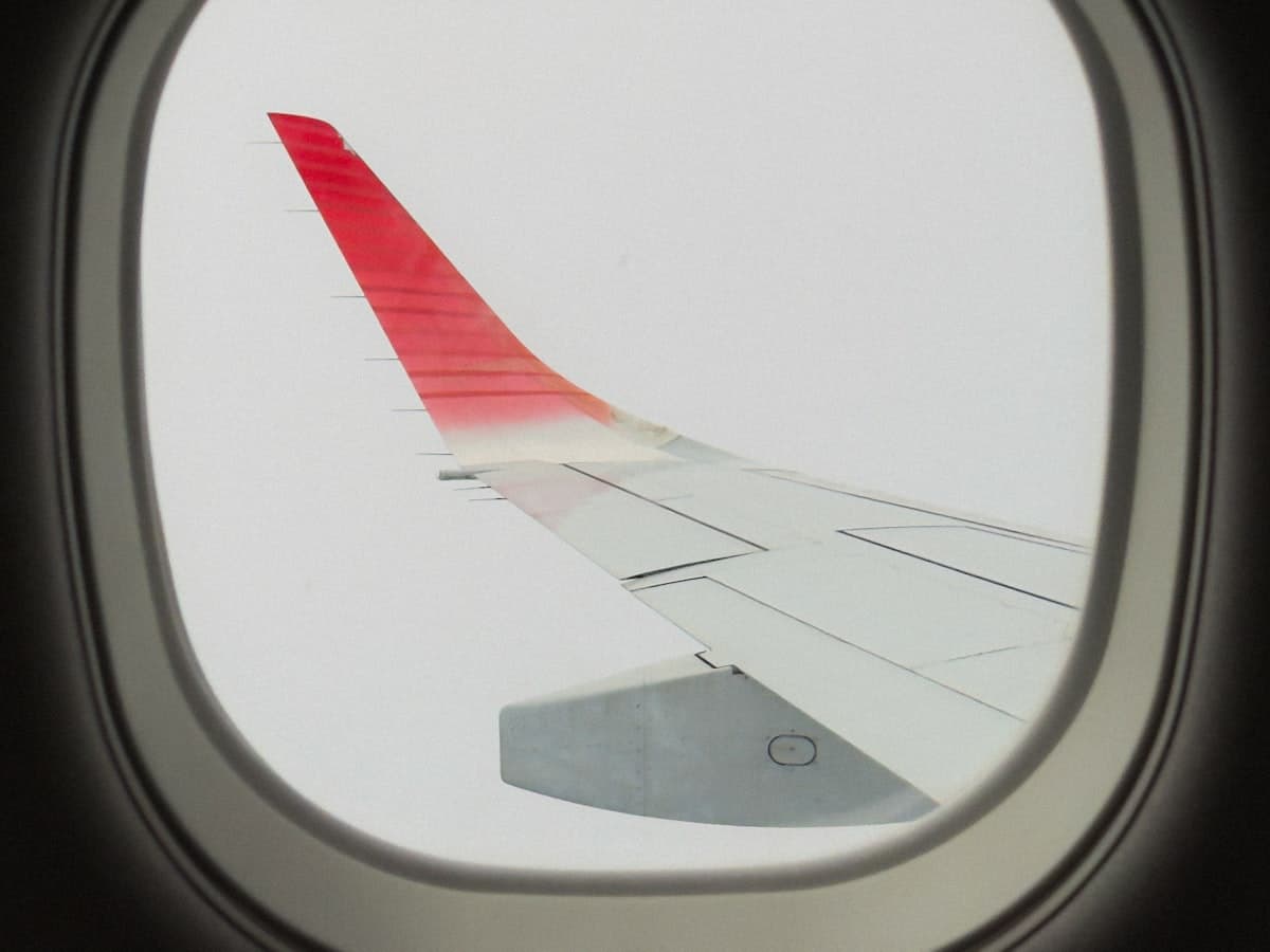 Airplane wing view through a cabin window